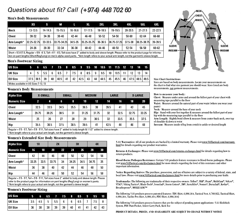 5 11 Tactical Pants Size Chart